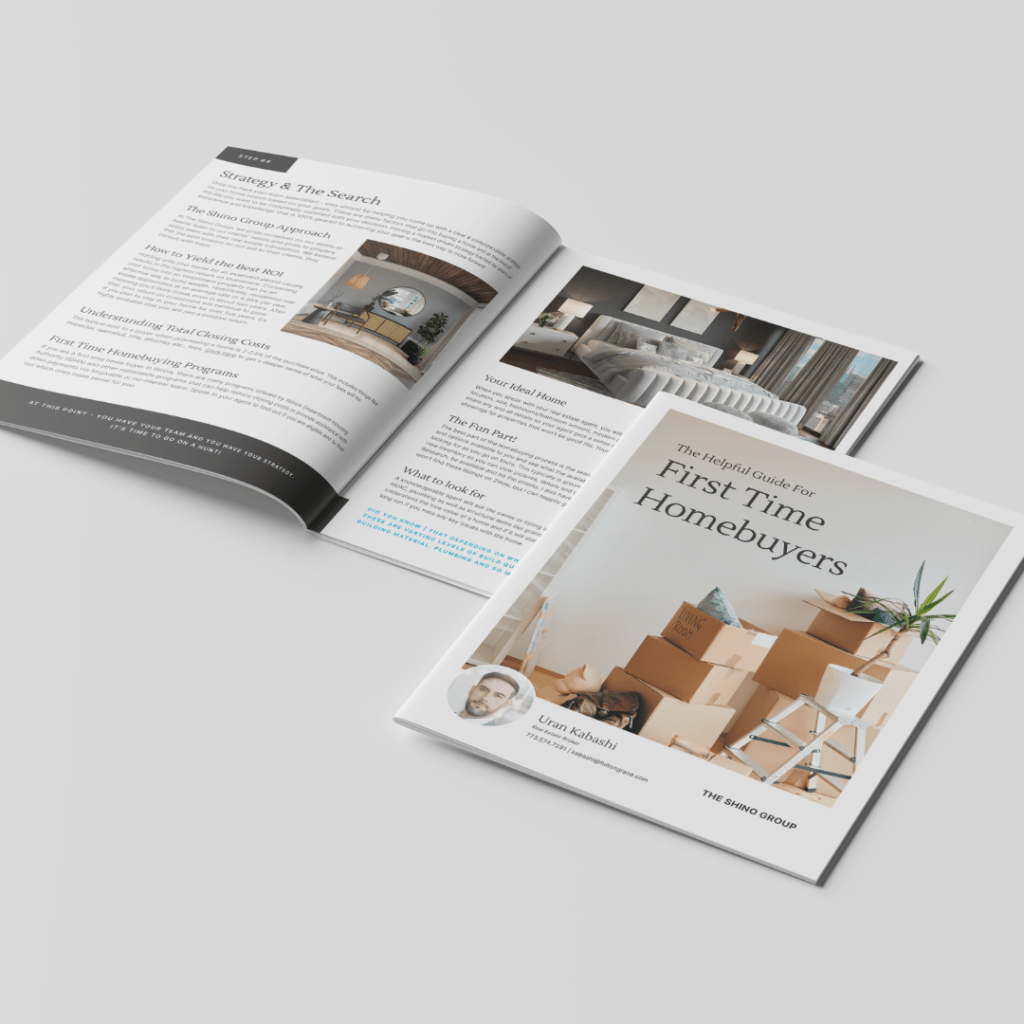This shows a content guide called 'The Helpful Guide for First Time Homebuyers' laid out to show the cover and the inner pages